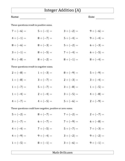 Negative Numbers 7th Grade Worksheet