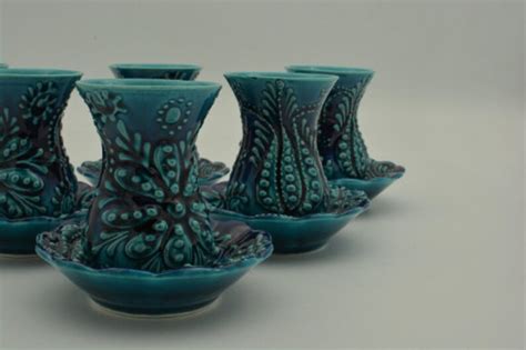 Turkish Ottoman Tea Ceramic Cups Set Of Blue Handpainted Etsy