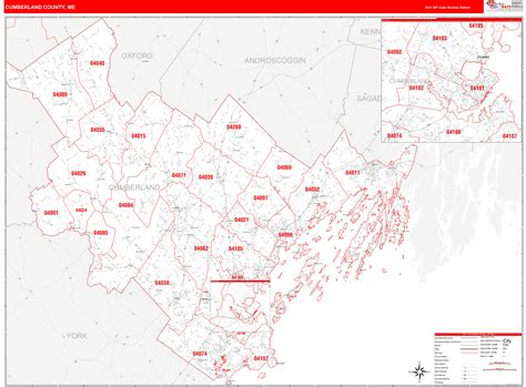 Cumberland County, ME Zip Code Wall Map Red Line Style by MarketMAPS