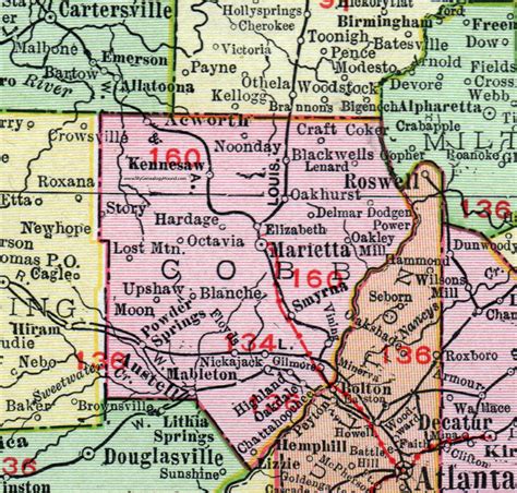 Cobb County Georgia 1911 Map Rand Mcnally Marietta Kennesaw Smyrna