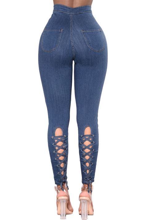 Blue Lace Up High Waist Jeans Jeans Outfit Casual Casual Denim