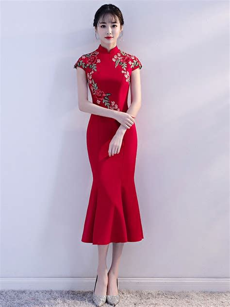 Red Embroidered Midi Qipao Cheongsam Evening Dress Cozyladywear