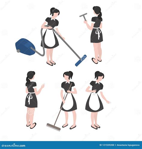 Cleanup And Housekeeping Set Isometric Maid In Uniform Cleaning Company Staff Occupation Stock
