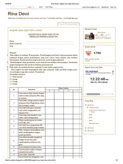 Perasaan saya jika semua orang ingin tahu tentang kehidupan saya yang pasti tidak nyaman. Rina Dewi_ Angket Rasa Ingin Tahu Siswa