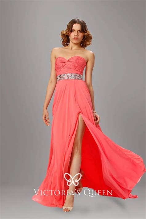 cheap coral chiffon side split strapless sweetheart beaded long prom dress