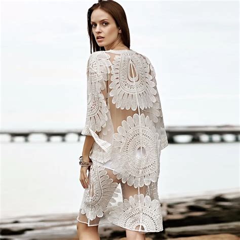 Lace Cover Ups Solid Floral Lace Beach Dress White Beachwear Long