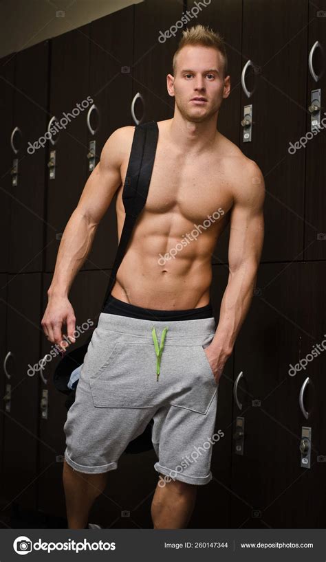 Shirtless Muscular Young Male Athlete Gym Dressing Room Backpack