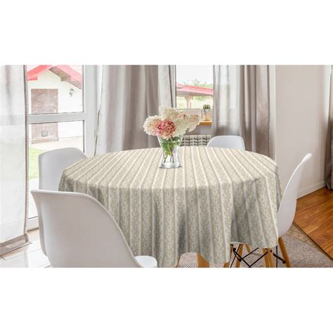 Ivory Round Tablecloth Victorian Swirls In Striped Pattern Baroque