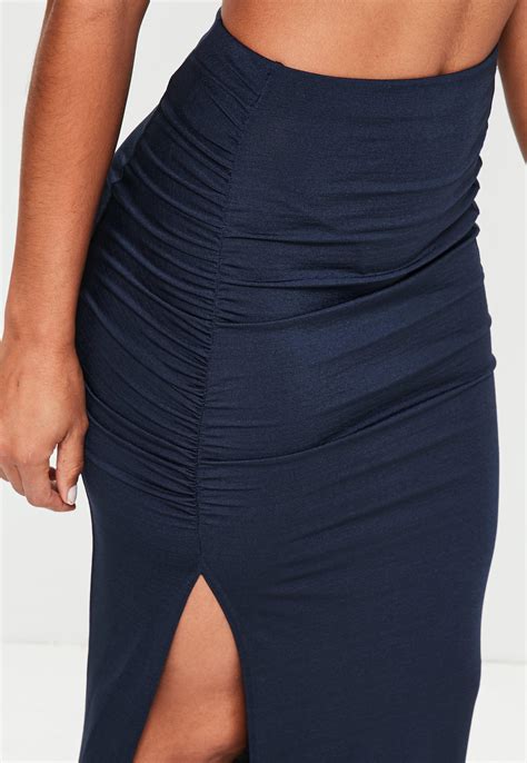 Missguided Navy Slinky Ruched Side Split Maxi Skirt In Blue Lyst