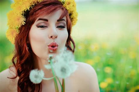 Beautiful Girl With Dandelion Flowers In Green Field Stock Image Image Of Beautiful Flower