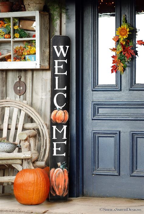Welcome Sign Rustic Pumpkin Wood Welcome Sign Vertical Front Etsy