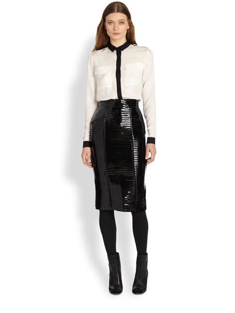 Lyst Burberry Ribbed Faux Patent Leather Pencil Skirt In Black