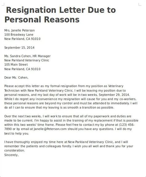 Sample resignation letters, free formats and information on writing different types of resignation letters. Resignation Letter Sample Doc Family Reason - Janetward ...