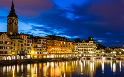 Фото Цюрих Швейцария Небо речка ночью город Здания 3840x2400