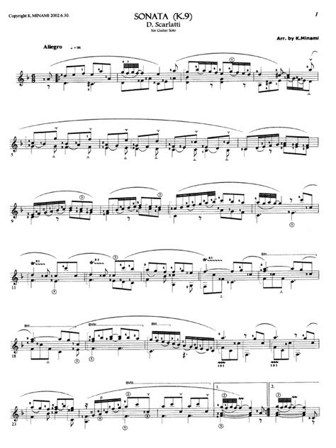 Scarlatti Domenico 1685 1757 K 9 Sonata Trans By Minami For Classical