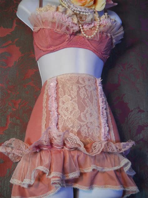 Pink Bra Set Girdle Skirt Vintage Ruffles By Vintageopulence