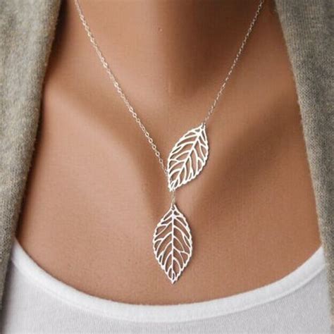 Trendy Fashion Leaf Necklace Women Double Leaves Necklaces Pendants Female Jewelry Gold Silver