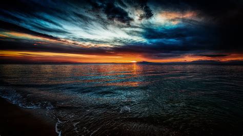 Sunset Sea Horizon Clouds Orange Sky Wallpapers Hd Desktop And