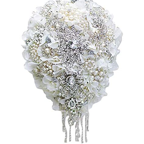 Iffo White Hydrangea Drop Brooch Bouquet Silver Wedding Bouquets