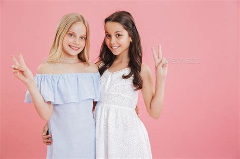 Image Of Two Beautiful Girls 8 10 Years Old Wearing Dresses Smil Stock