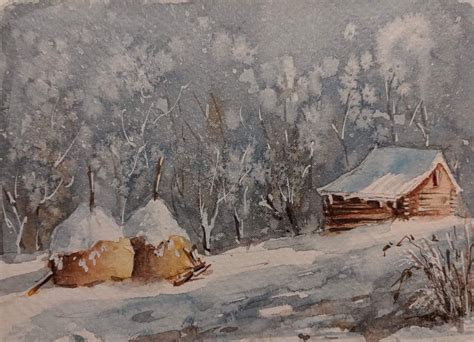 Winter In Rumanian Painting Watercolor Croquis