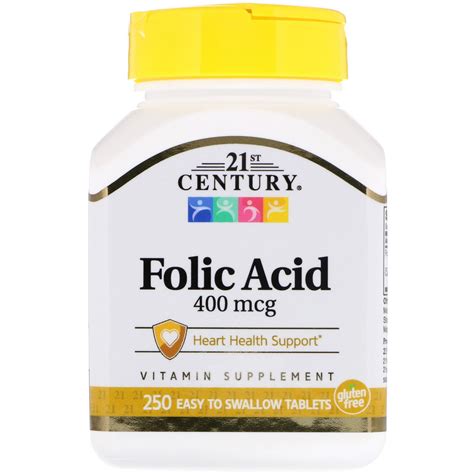 Folic acid or folate is a kind of vitamin b that occurs in many foods such as fruits, mushrooms, beans, dark leafy greens, etc. 21st Century, Folic Acid, 400 mcg, 250 Easy to Swallow ...