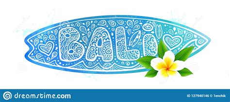 Watercolor Style Blue Surfboard Silhouette With Vector Doodle Bali Sign