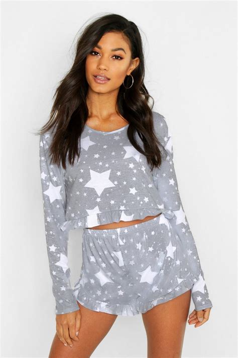 Star Print Frill Hem Pajama Shorts Set Boohoo