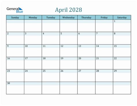 April 2028 Monthly Calendar Template Sunday Start
