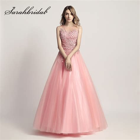 Unique Pink Ball Gown Evening Dresses With Beading Tulle Sleeveless