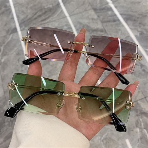 Cheap Vintage Fashion Sunglasses Rimless Frameless Rectangle Shades Gradient Uv400 Summer
