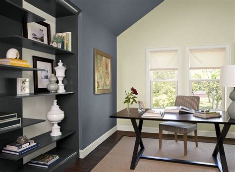 With so many home office paint color ideas out there, i wanted to highlight a few of my favorites and elaborate on how they can physiologically and some people who work from home feel as if neutral paint color schemes will be the best. Paint Colors Blue Home Office Ideas Boldly Accented Home ...
