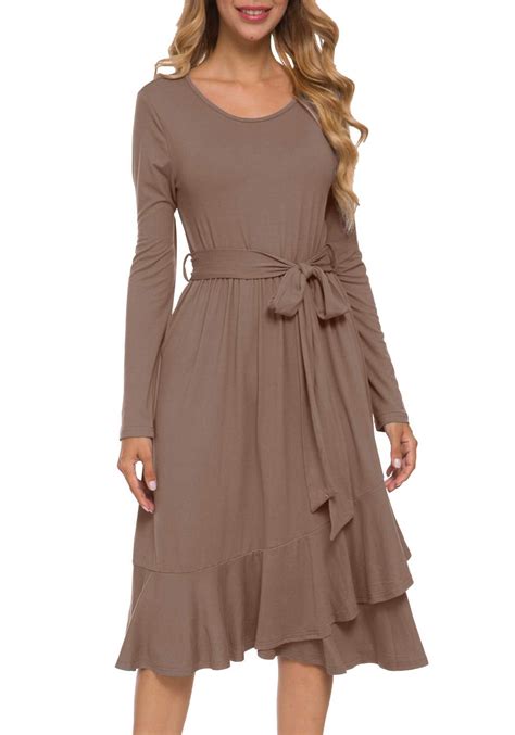 Levaca Womens Plain Long Sleeve Flowy Modest Midi Dress Work Casual Long Sleeve Midi Dress With