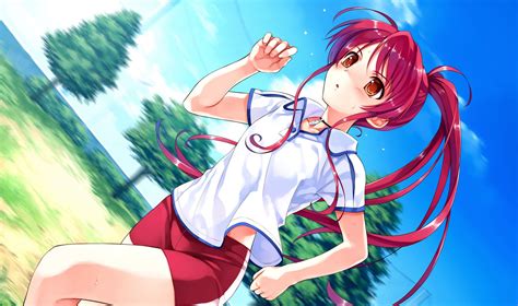 Redhead Misaki Kurehito Long Hair Red Eyes Deep Blue Sky And Pure White Wings Anime Girls