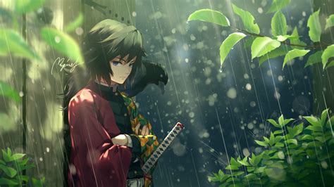 Demon Slayer Giyuu Tomioka Standing On Rain Around Plants