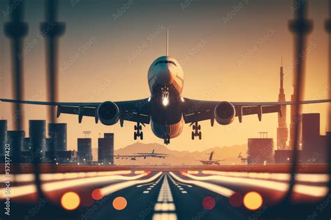 Commercial Airplane Taking Off From A Runway With A Bustling Airport In