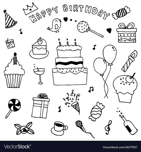 Happy Birthday Party Elements Set Hand Drawn Of Vector Image