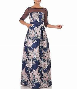  Unger Floral Print Illusion Boat Neck 3 4 Sleeve Jacquard Ball Gown