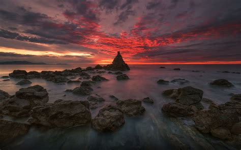 Sunset Red Cloud Sea Coast Rock Band Ocean Horizon Desktop Backgrounds