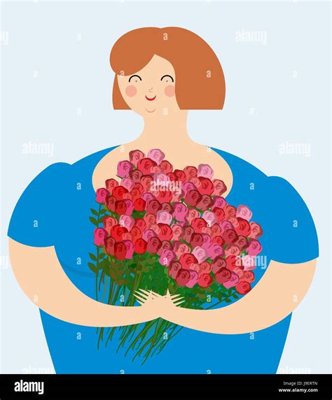 cheerful kind woman with bouquet of roses exciting fat girl with flowers stock vector image
