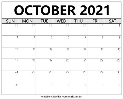 October 2021 Calendar To Print Printable Blank Calendar Template