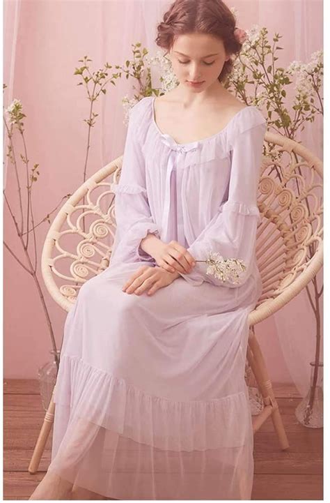Singingqween Womens Vintage Victorian Nightgown Long Sleeve Sheer Sleepwear Pajamas Nightwear