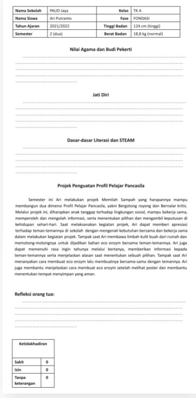 Rapor Kurikulum Merdeka Paud - IMAGESEE