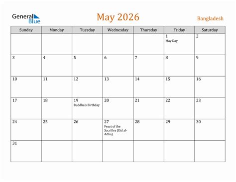 Free May 2026 Bangladesh Calendar
