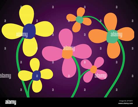 Flores De Dibujos Animados Multicolores Sobre Un Fondo Púrpura
