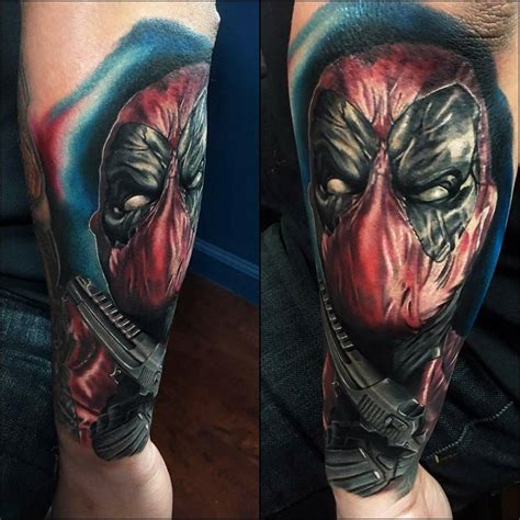 Lyt også til din p4 lokalstation. Realistic Deadpool tattoo on the left forearm.