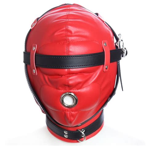 Redblack Leather Bondage Hood Fetish Mask Adult Games Restraints Slave Bdsm Harness Headgear