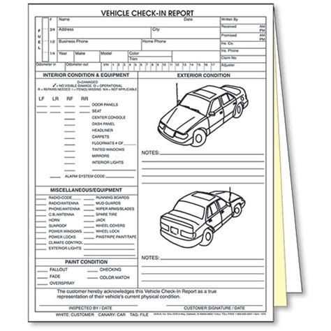 3 Part Vehicle Check In Rpt 4 Door Car Automotive Forms
