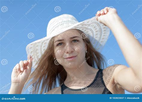 Portrait Of Young Woman In Sun Hat Against Sky Stock Image Image Of Human Horizontal 102823037