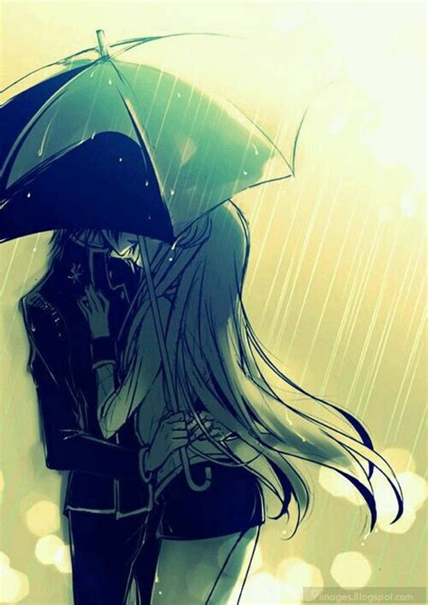 Anime Couple Hug Raining Umbrella Kissing